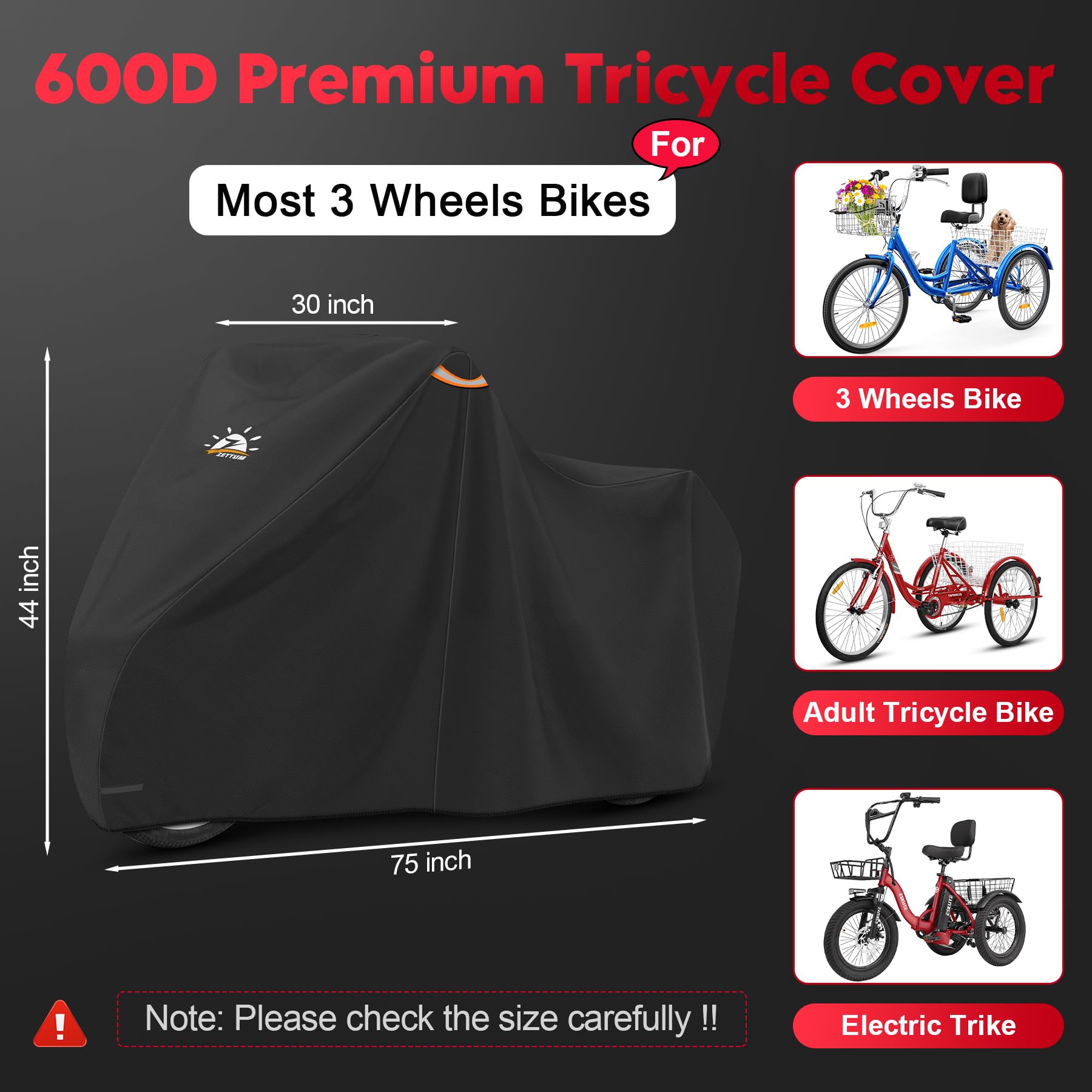 Zettum Dreirad Abdeckung 600D PU wasserdicht mit Allwetter 190×76×111 CM | Outdoor-Abdeckung für E-Dreirad und 3-Rad-Fahrrad mit Schloss, robust & ganzjährig nutzbar