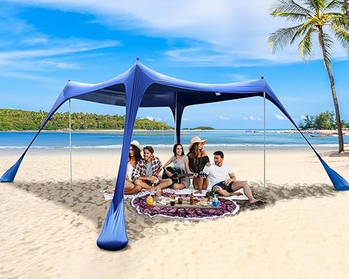 Sportneer - Toldo de playa de 10 x 10 pies, UPF50+ con 4 postes de estabilidad, pala de arena y clavijas de suelo, refugio portátil para playa,