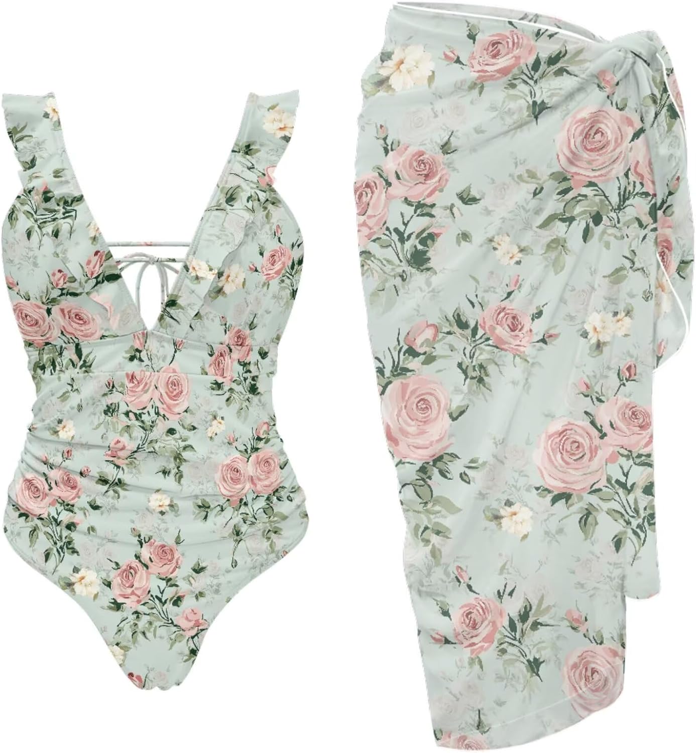 Womens Swimsuit with Coverup Sexy Flattering Full Coverage Swimwear with Adjustable Back Ties