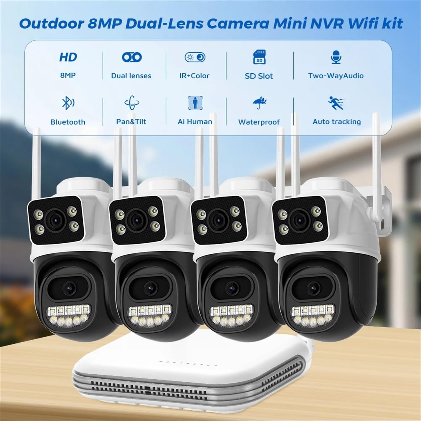 Kamera IP 8MP z dźwiękiem WiFi, zewnętrzna, 8-kanałowa, mini kamera NVR, zestaw do monitoringu CCTV, bezprzewodowy system kamer z noktowizorem na podczerwień(None,4pcs)