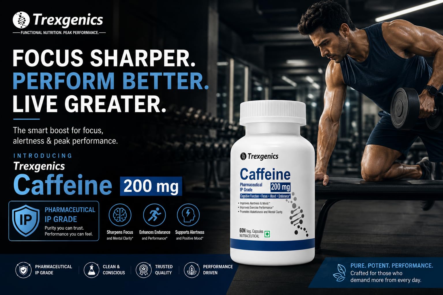 Trexgenics CAFFEINE 200 mg Pharmaceutical Grade Cognitive Function, Refresh, Focus, Mood, Endurance Support (60 Veg Capsules) — Amazon image 3