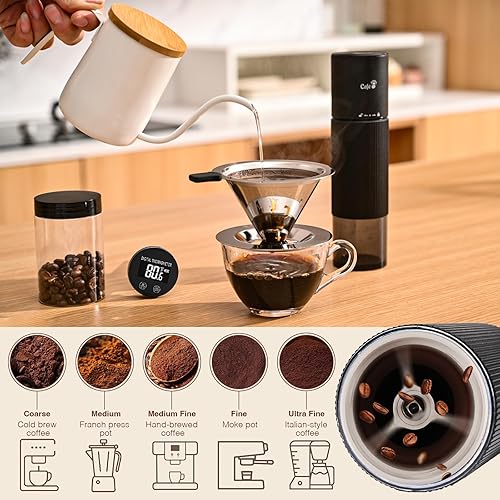 Miniatura 3 de Molino de café 4 en 1, eléctrico, termómetro digital (-50C a 300C) con filtro y recipiente, molino de granos de café para campamento, RV, Molino de