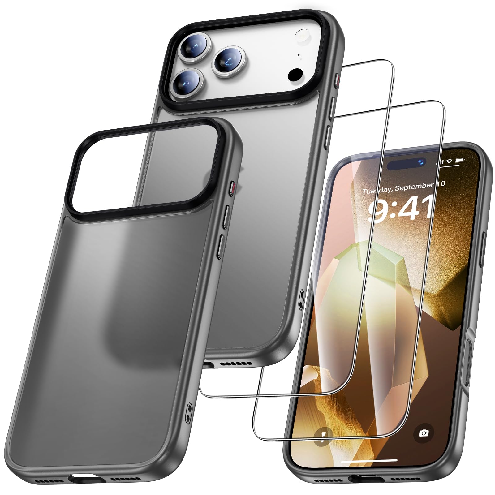 UniqueMe für iPhone 17 Pro Hülle - Handyhülle für iPhone 17 Pro Case, Rundumschutz Hülle Set Schutzhülle Cover, 1 Handyhülle & 2 Schutzfolie - Matt Grau