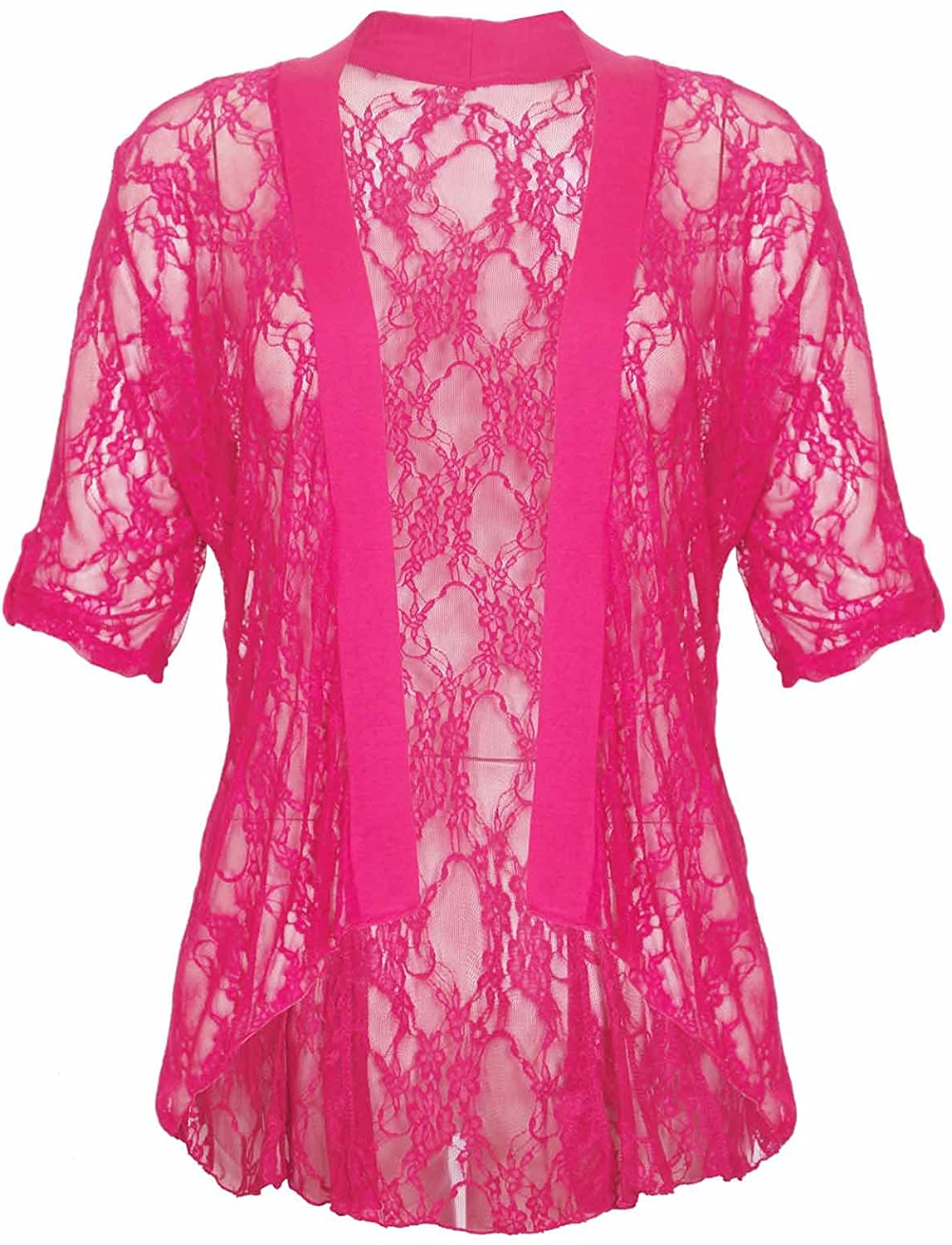 STAR FASHION New Ladies Sheer Shrug Top Cuff Sleeve Open Front Waterfall Design Floral Lace Two Button Kimono Cardigan Top for Woman (Cerise)
