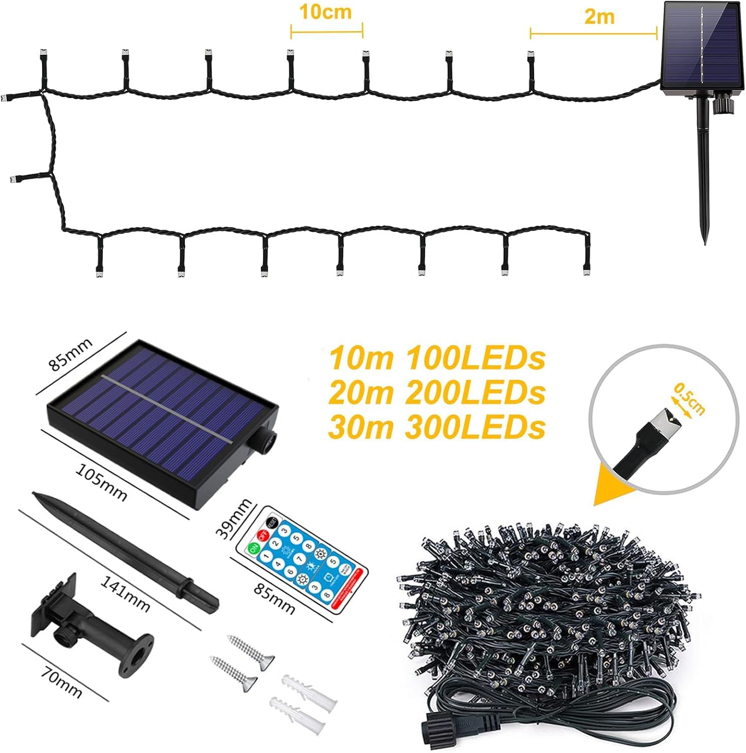 Catena di luci solari per esterni, 30 m, 300 LED, catena di luci a LED, per esterni, con 8 modalità + timer + telecomando, resistente alle intemperie, per balcone, 2 pezzi, bianco caldo