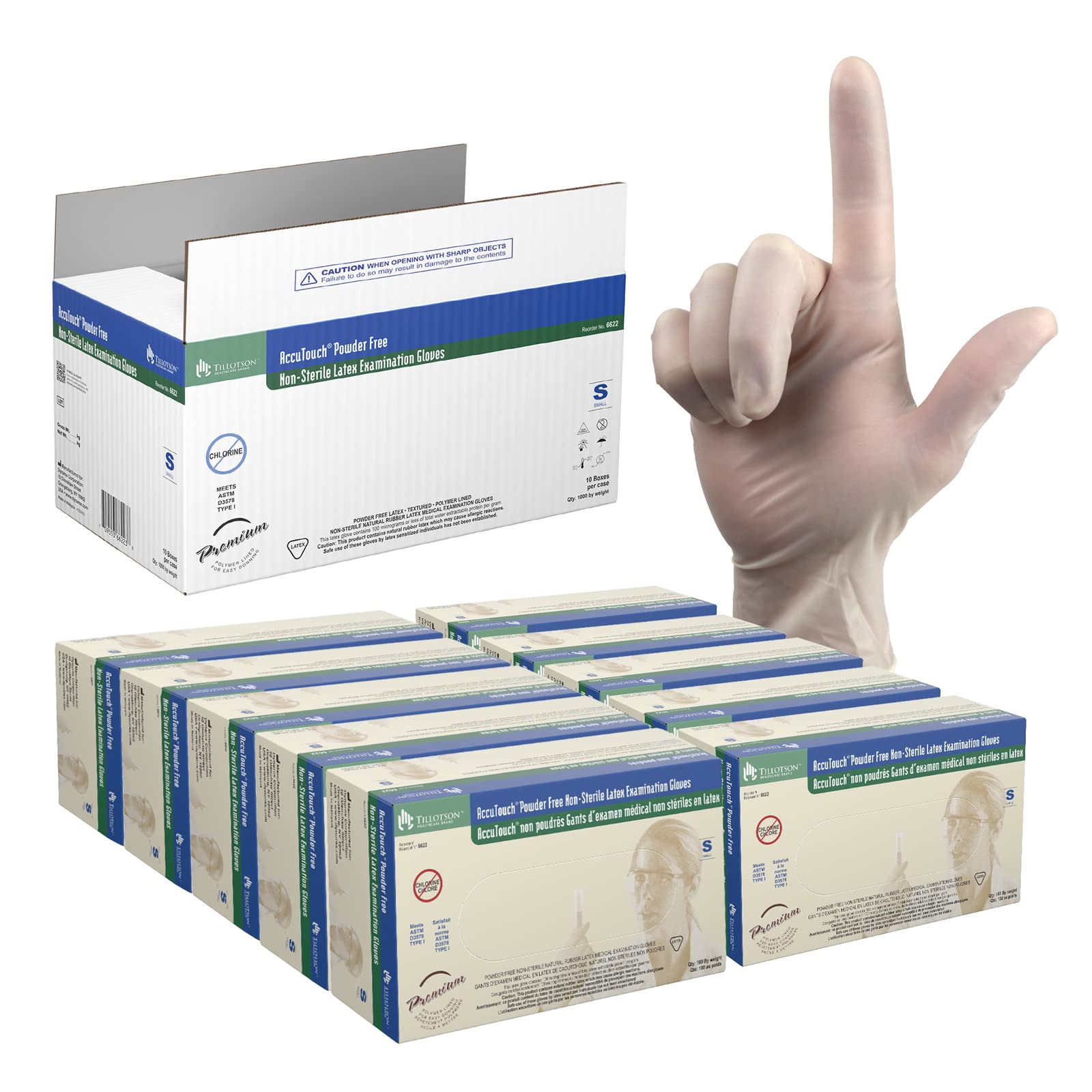 Dynarex 6622 AccuTouch Latex Exam Gloves, Powder-Free - Small 100 Count/Pack of 10