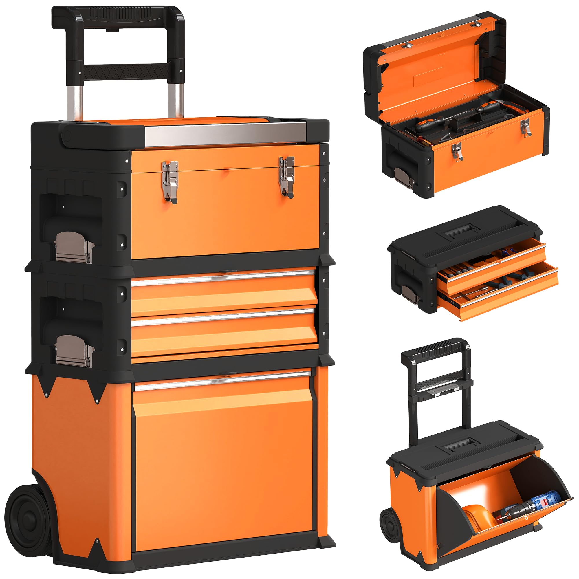 HOMCOM 3 Tier Stackable Steel Tool Box with Wheels - Orange