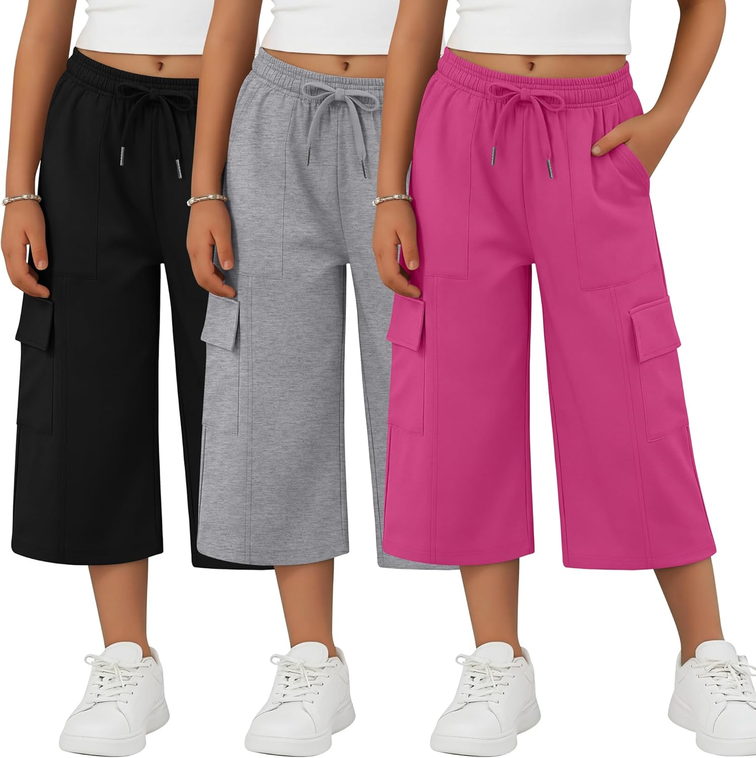 3 Pack Capri Sweatpants for Girls Wide Leg Cargo Capris Elastic Kids Waist Drawstring Active Casual with Pockets