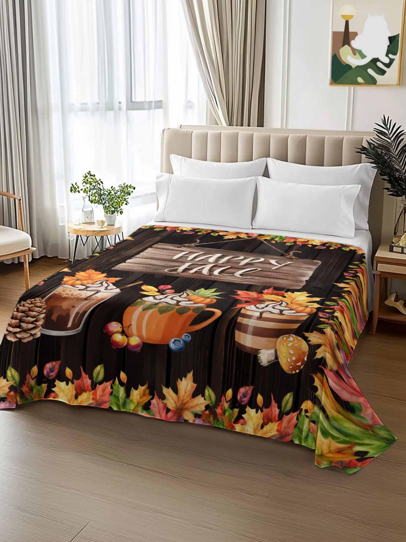 King Size Flat Sheet Only, Fall Maple Leaf Orange Watercolor Bed Top Sheet Soft Microfiber Breathable Bedding Flat Sheets, Coffee Drink Thanksgiving Pumpkin Top Sheets Hotel Luxury
