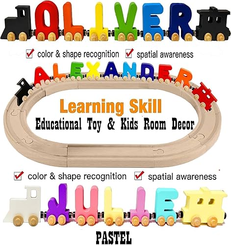 Miniatura 5 de Juguete educativo con nombre de trenes de madera para niños, juguete educativo de 3 pulgadas cada letra, aprende a jugar y exhibir habitación de los