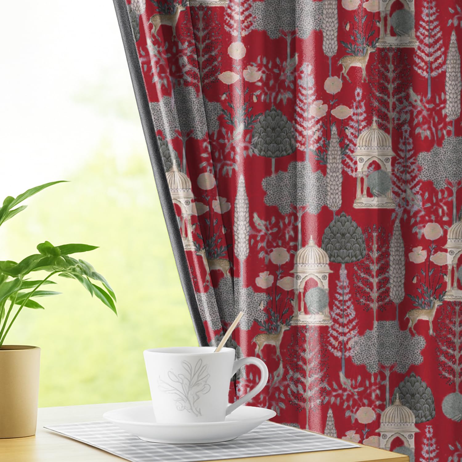 LINENWALAS Pichwai Printed 100% Blackout Curtains for 5 Feet Window Set of 2 Panels, Thermal Insulated, Noise Reducing Luxury Drapes, Heritage Art Inspired Premium Curtains for Living Room (Red)