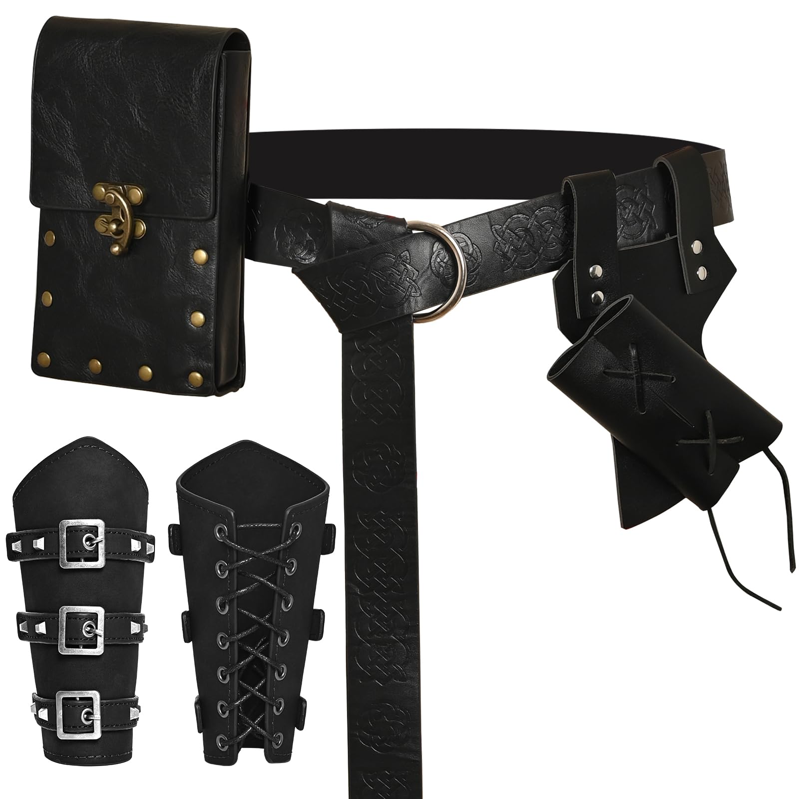 JDFAIJEAL Medieval Knight Accessories Kit, 4PCS PU Leather Belt, Arm Bracers