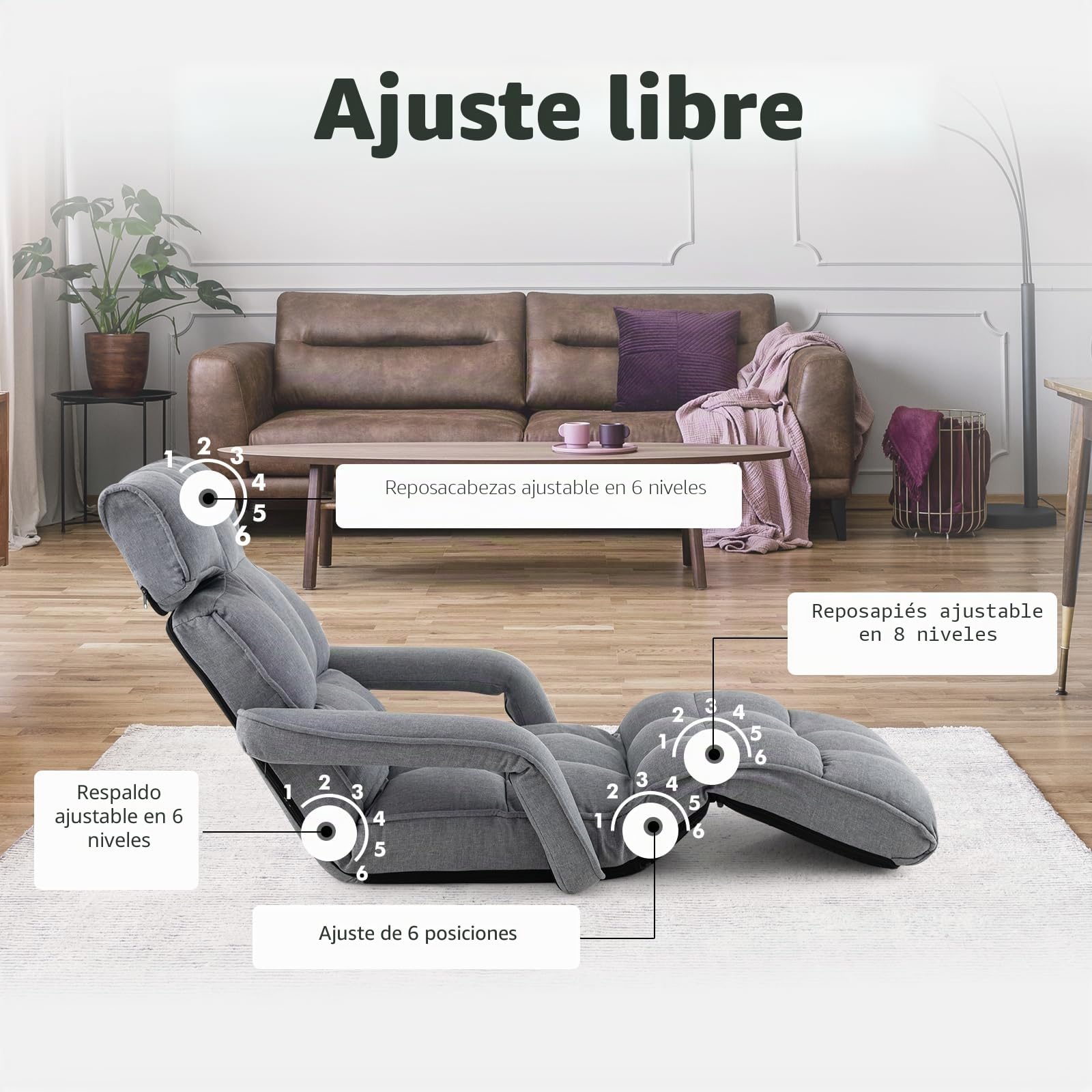 GOPLUS Sillón Relax Reclinable en 6 Posiciones, Sillla Suelo Plegable con Cojín Acolchado, Sofá Orejero Individual para Lectura y Gamer en Dormitorio,196 x 72 x 19.5 cm, Gris (Gris Oscuro)