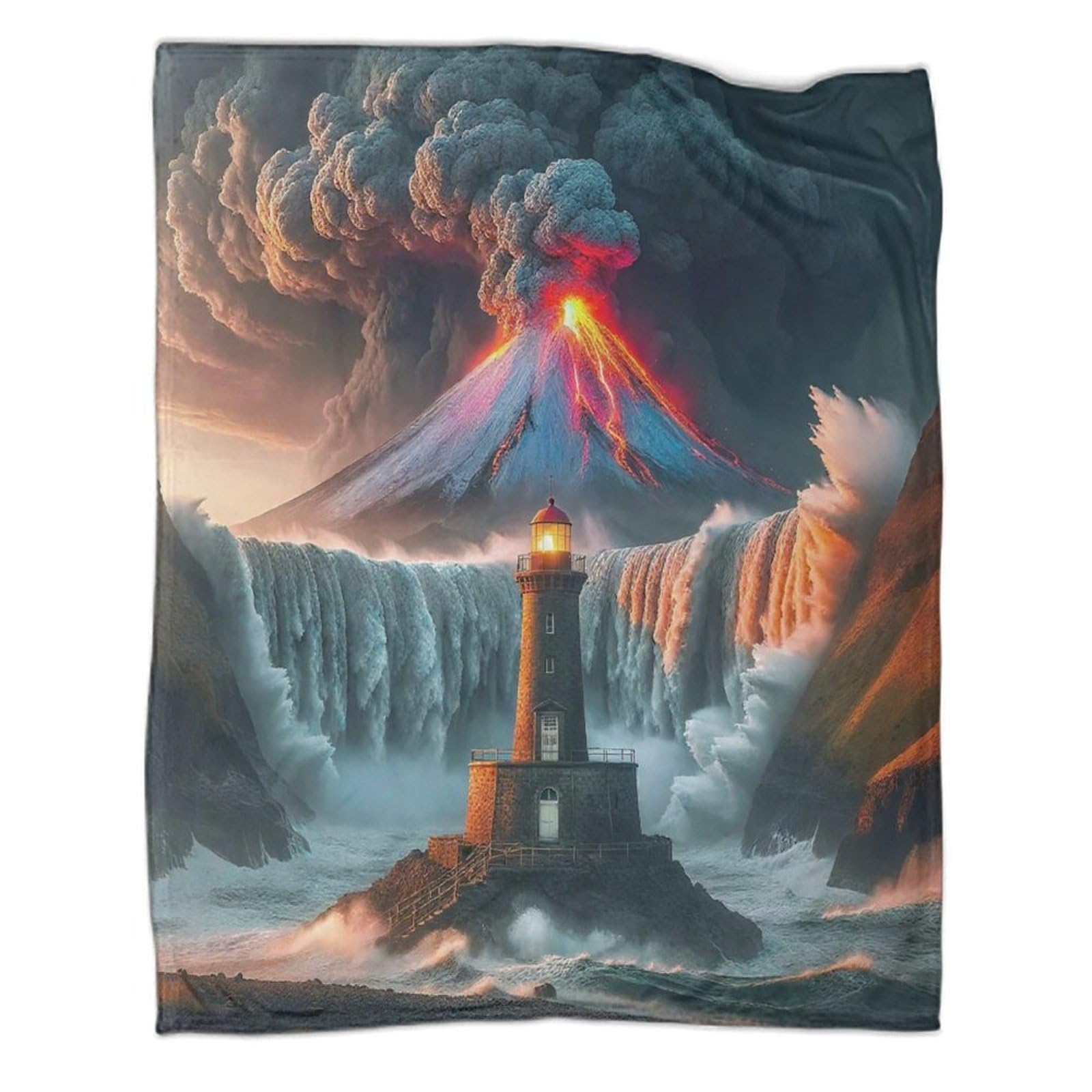 Couverture 3D en flanelle motif volcan phare 150x200cm pour lit et canapé