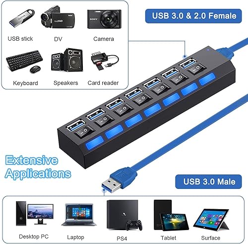 Miniatura 3 de vienon Hub 3.0, extensor USB de 7 puertos con interruptores LED individuales de encendidoapagado, concentrador USB3.0 para laptop, PC, MacBook, Mac