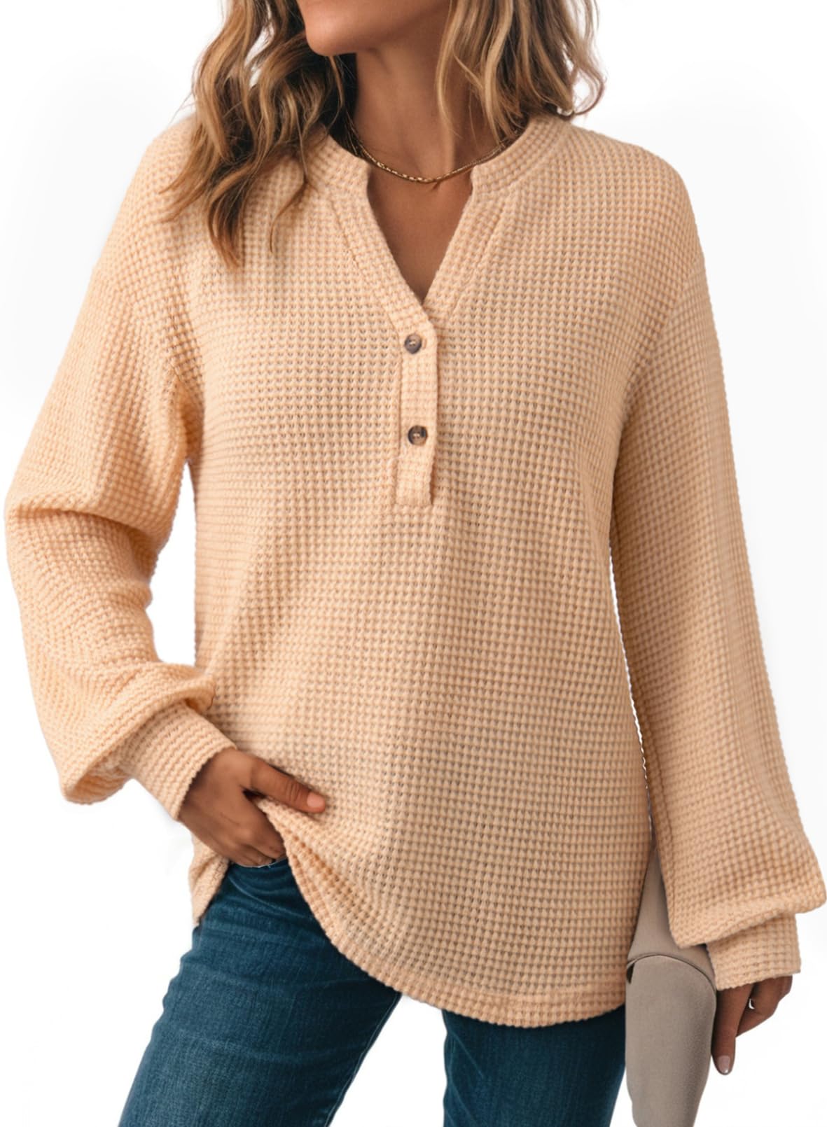 Dokotoo Bluse Damen Langarm Waffel V-Ausschnitt Oberteile Herbst Pullover Sweatshirt Langarmshirt Tops Lässig Blusen Tuniken Einfarbig T-Shirts Oberteil S-XXL