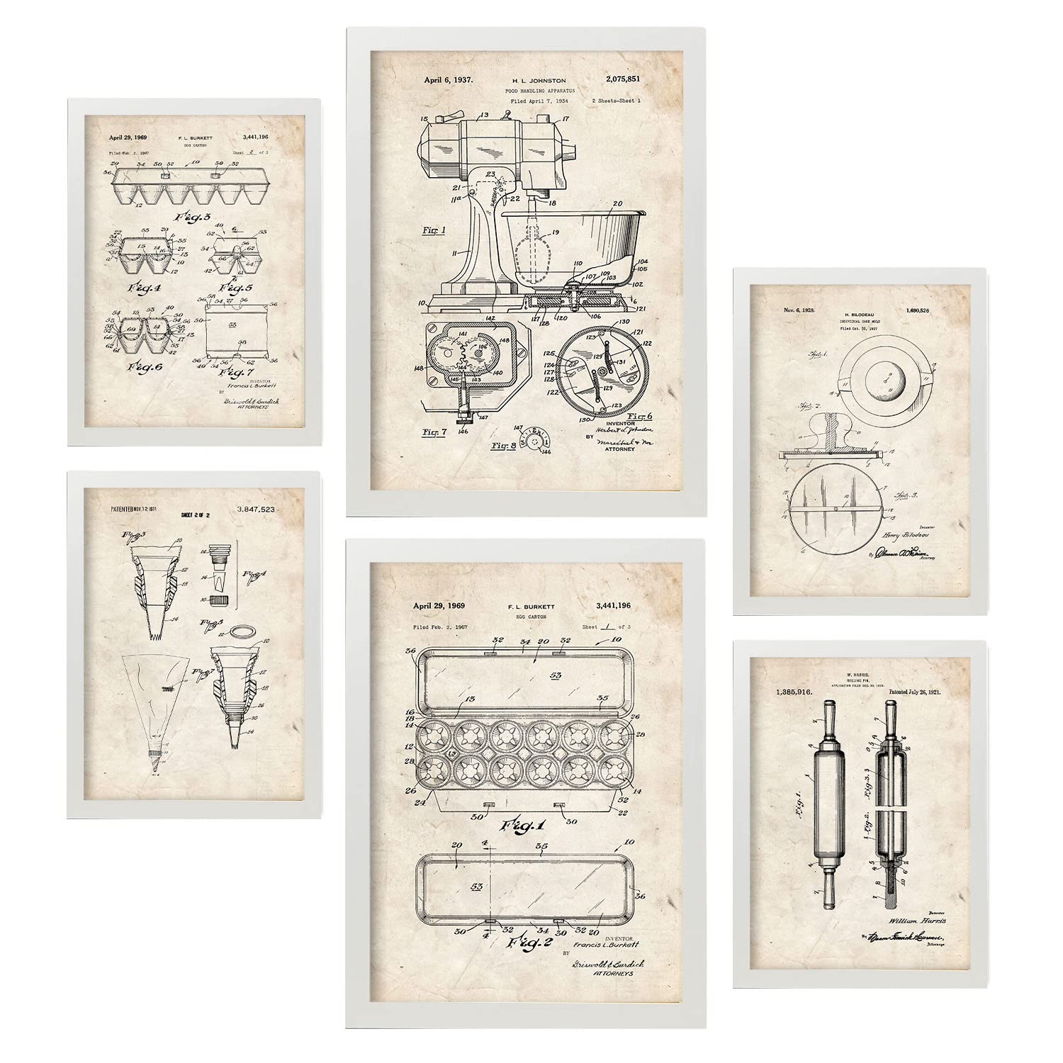 Nacnic Set of 6 Kitchen Tools patent prints. Posters with retro patent illustrations for your home, shop, office... Vintage style interior decoration. A4 and A3 sizes. No frame.