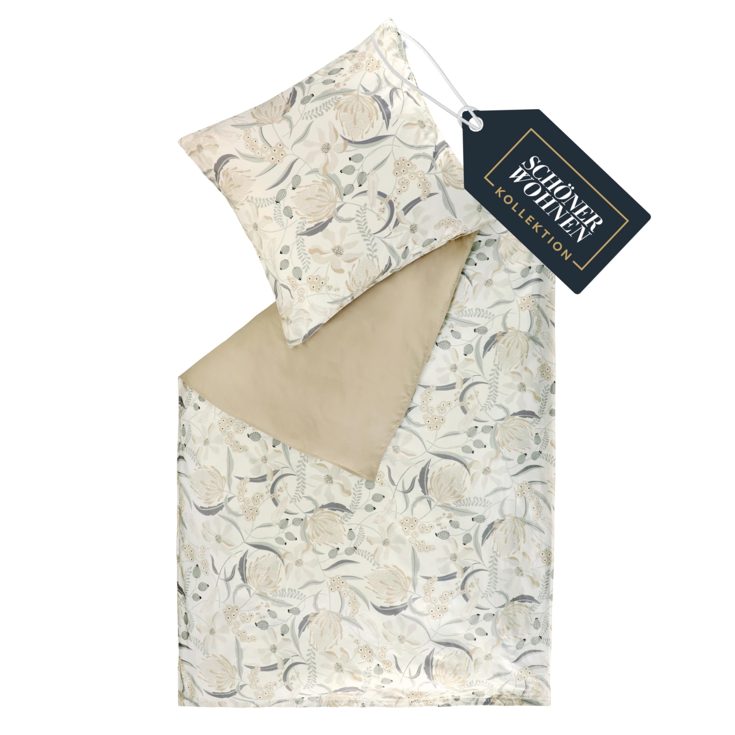 SCHÖNER WOHNEN Playful Bettwäsche 135x200 Baumwolle Beige - Frühlingsbettwäsche Blumen Design - ÖKO-TEX Bettwäsche-Sets 2teilig aus 1x Bettwäschebezug 135x200cm & 1x Kopfkissenbezug 80x80cm