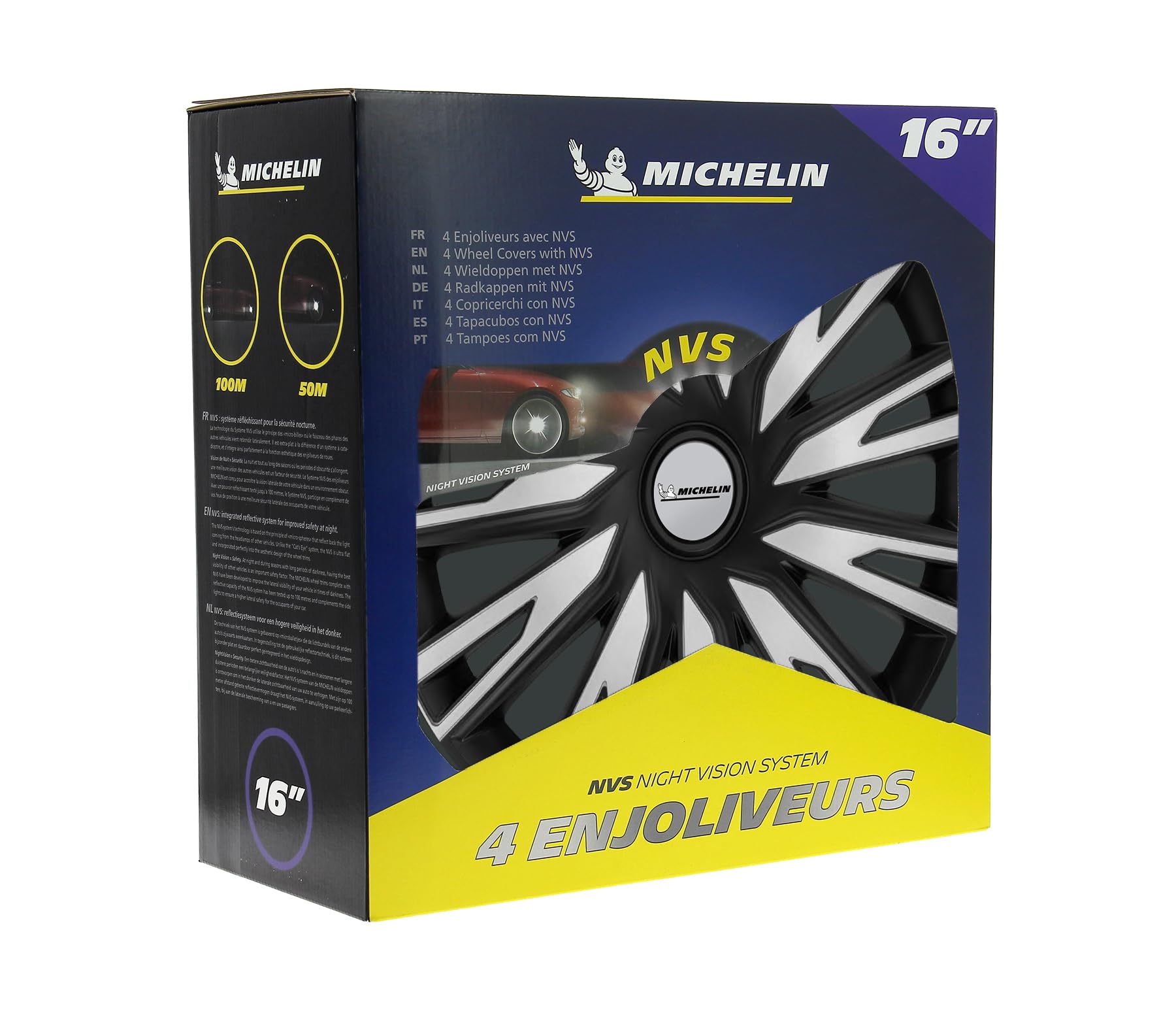 Michelin 4 Copricerchi Auto Argento & Nero 16 pollici - Sistema NVS Night Vision Security - Universali Fissaggio Facile