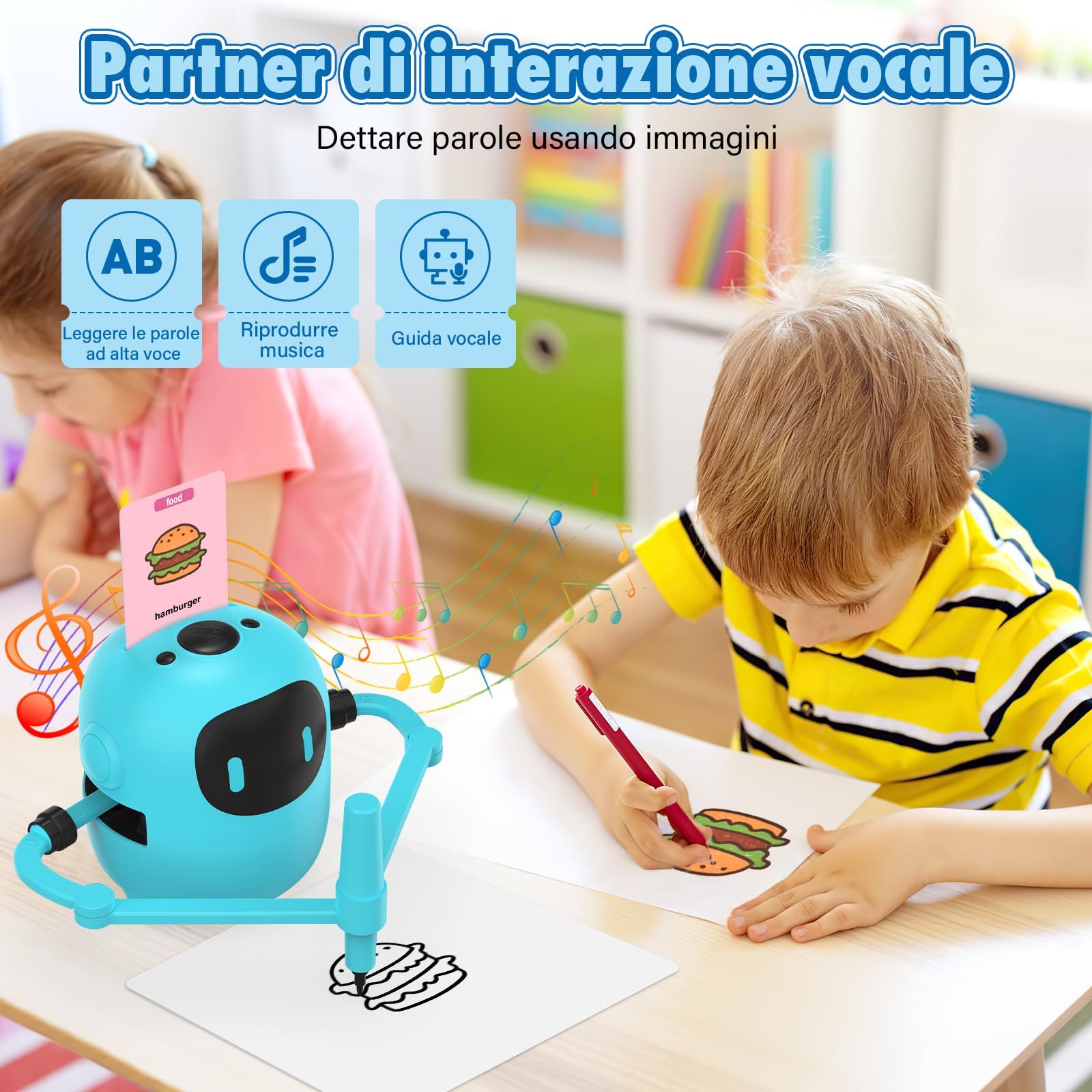 Ruycllo Robot da Disegno Interattivo per Bambini - Giocattolo Educativo con 100 Schede e Penna, Voce in Inglese, USB Type-C, Ricaricabile, per Apprendimento e Regalo Bambini 3–10 Anni (Blu)