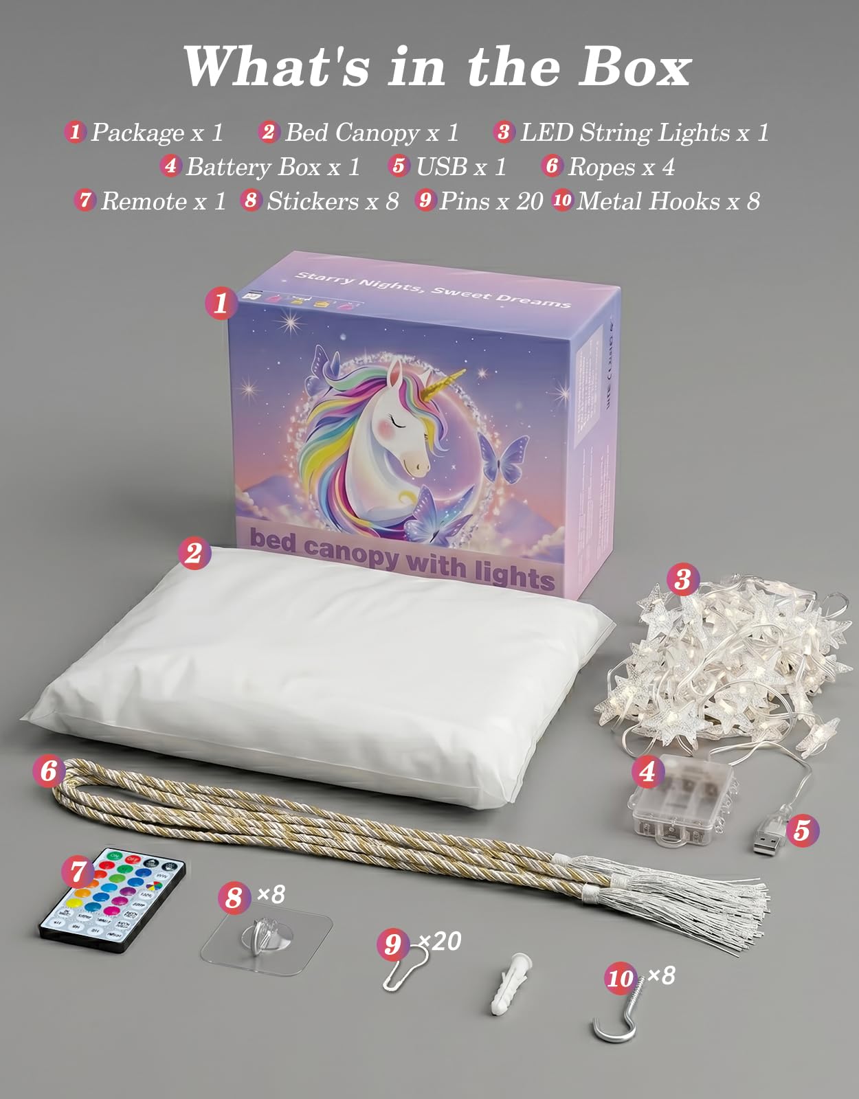 Betthimmel mit RGB-Lichterkette für Queen-Size-Bett, Doppelbett, 8 Ecken, weißer Baldachin, Bettvorhänge, Moskitonetz mit Lichtern, Fernbedienung, Timer für Kinder, Erwachsene, Innenbereich