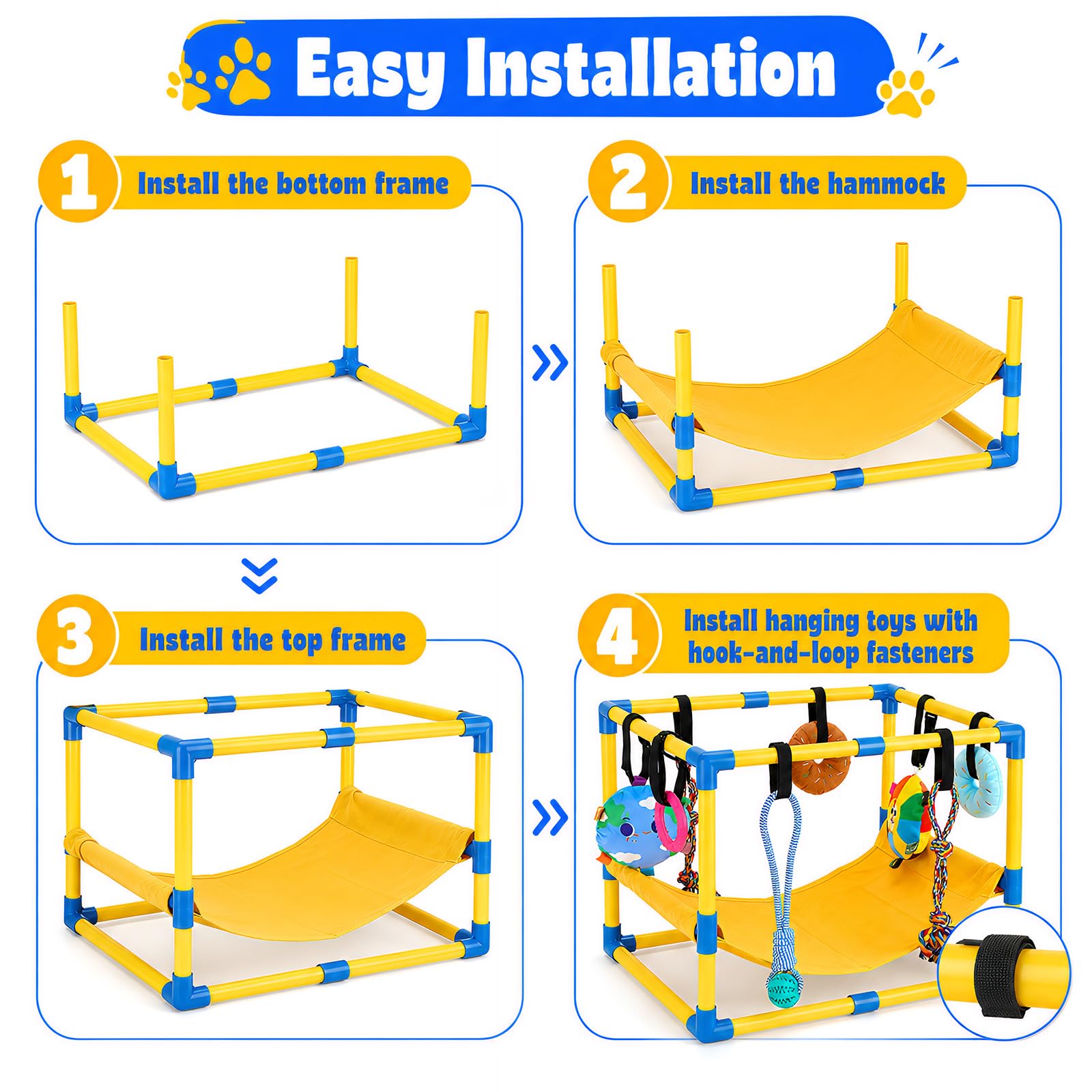 Parco giochi per cuccioli con 8 giocattoli da appendere | Struttura da gioco per cani di piccola taglia, con telaio in PVC, amaca per calmare e addestramento