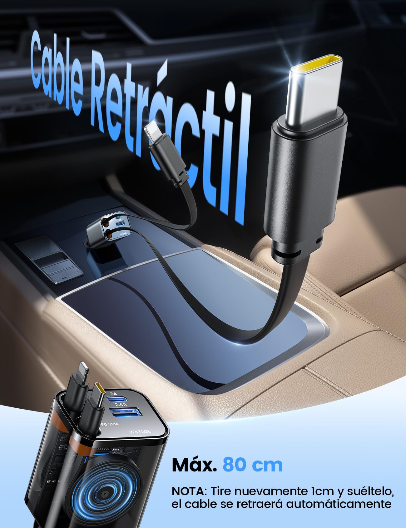 Lamicall 4 EN 1 Cargador Coche USB C, 69W Cargador Mechero Coche - [Compacto & Indicador de Voltaje] 180° Plegable Adaptador Móvil Coche con 2 Cables Retráctiles y Puerto USB-C/A, para iPhone/Samsung