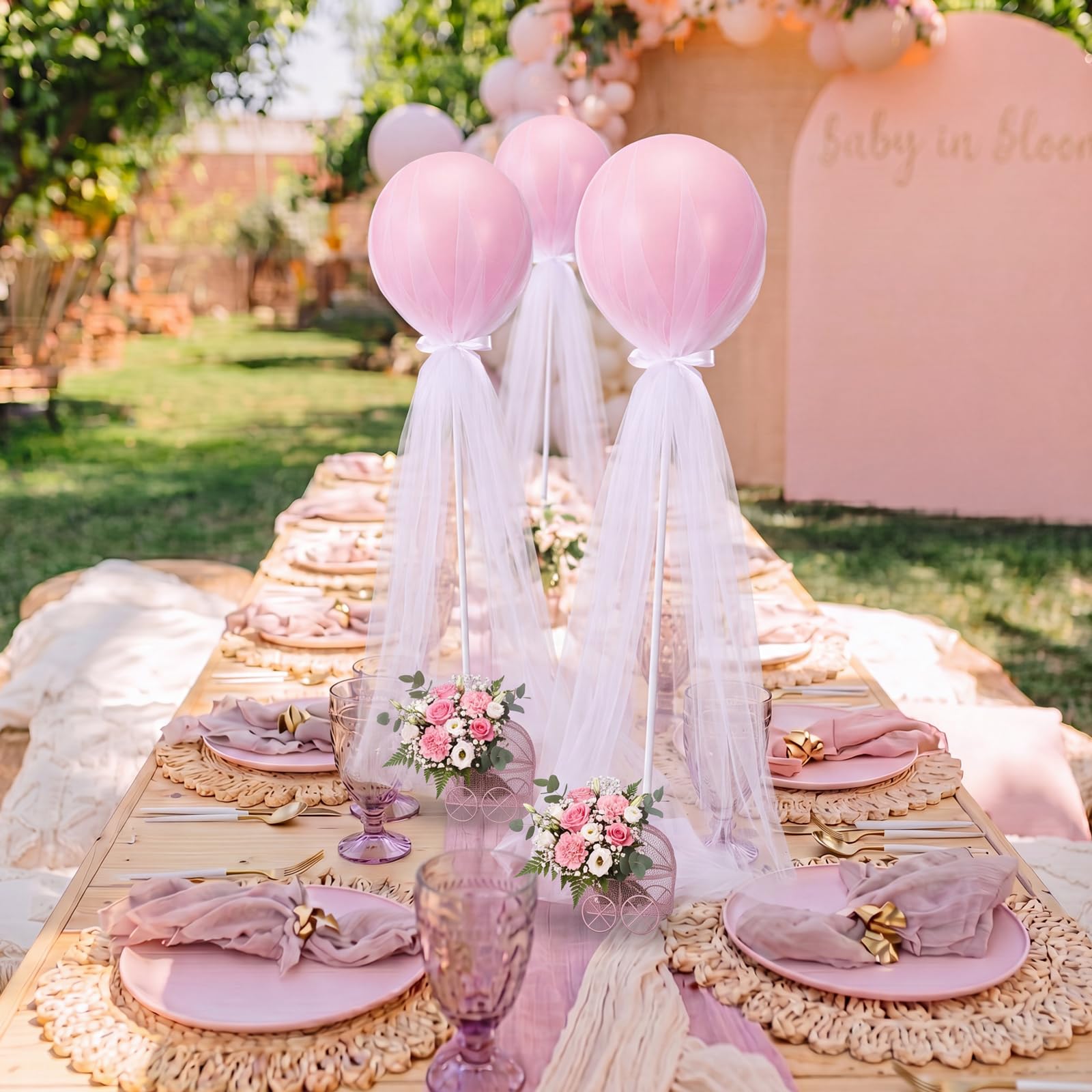 Set di 6 centrotavola rosa per baby shower, decorazioni da tavolo a palloncino a tutù, carrozze, supporti per palloncini per compleanno, sesso, rivelazione, battesimo, festa di nozze