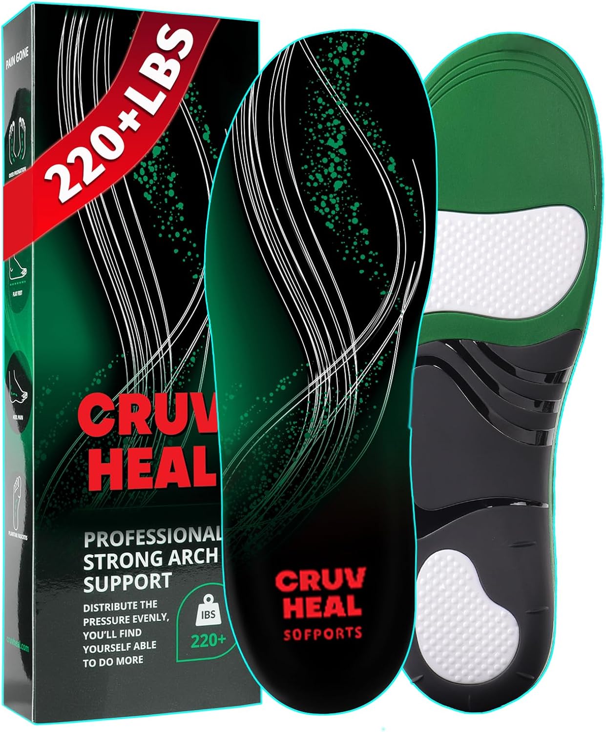 220+ lbs Plantar Fasciitis High Arch Support Insoles Men Women - Orthotic Shoe Inserts - Boot Work Shoe Insole (M, Green) Green M(Men 9-10.5/Women 10-11.5)