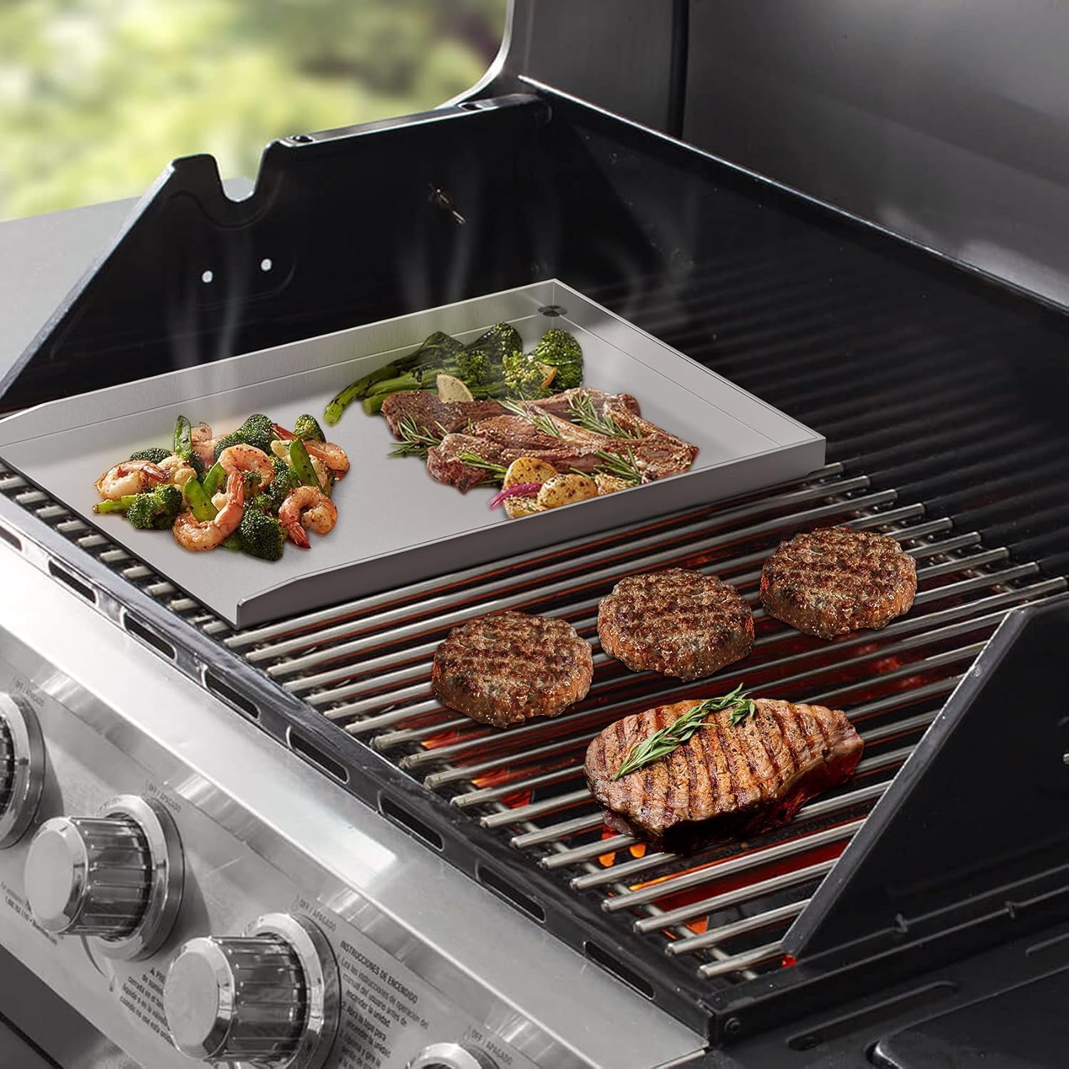 41.5X40X3.5CM, Edelstahl-Grillplatte, für Gas- und Holzkohleöfen, mit Schaufeln und Schabern, Camping-Grillbegleiter