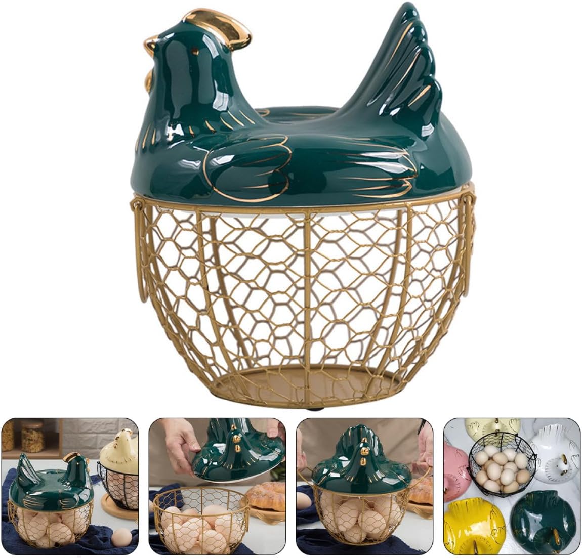 Multi-function Egg Basket with Lid Wrought Iron Chick Shape Egg Storage Container Handheld for Kitchen and Home Organization