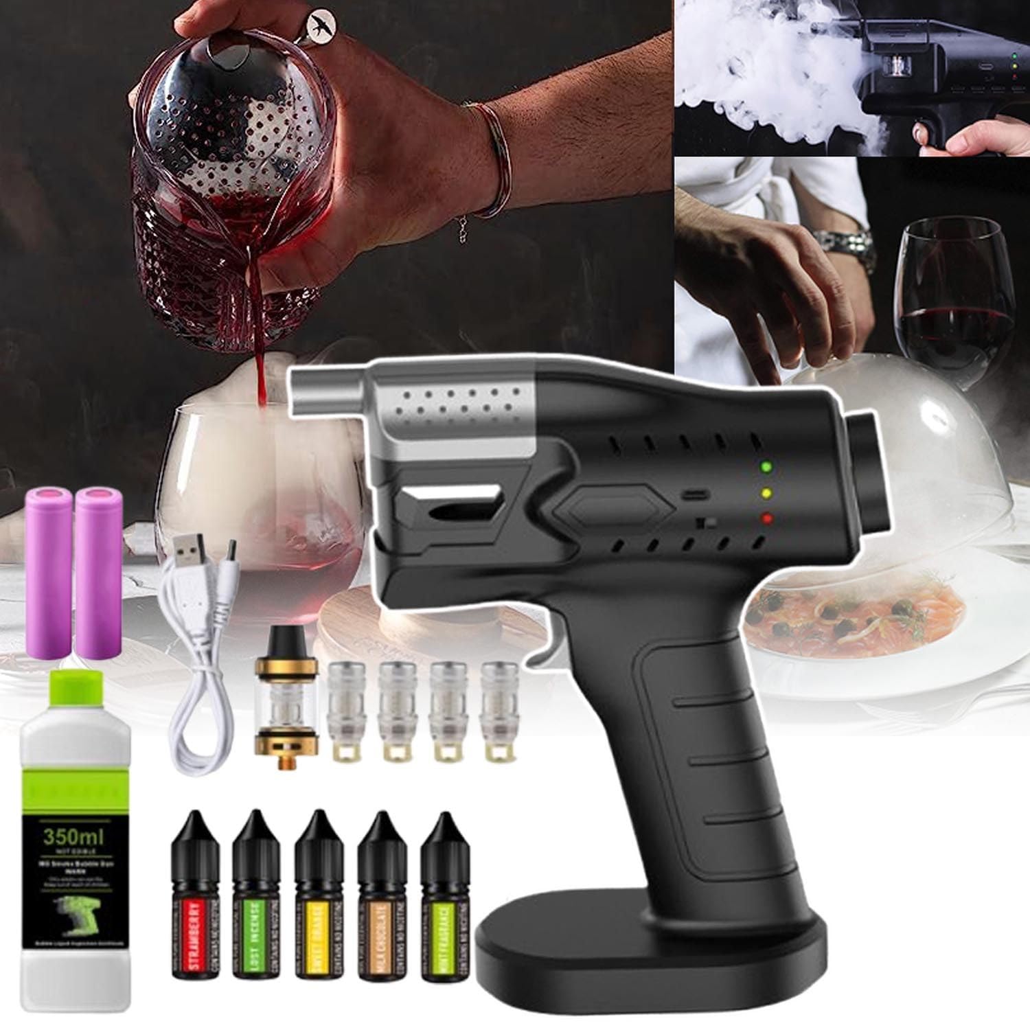 Cocktail-Smoker-Set – Einstellbare Rauchmenge, Tragbare Cocktail-Blasenmaschine Mit ZubehöR, FüR GemüSe, Pizza, KäSe Und Fleisch Usw. – Geschenk FüR Liebhaber Rauchiger GeträNke,Black