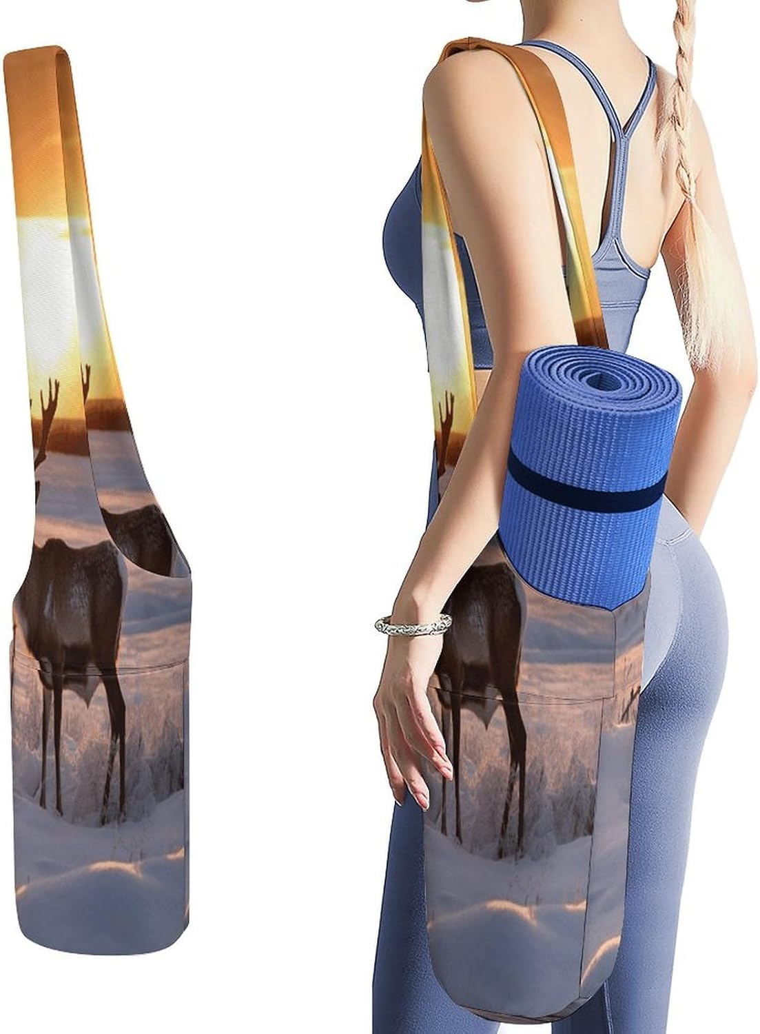 Deer on Snowfield in Sunrise Canvas Yoga Mat Bag Yoga Mat Carrier
