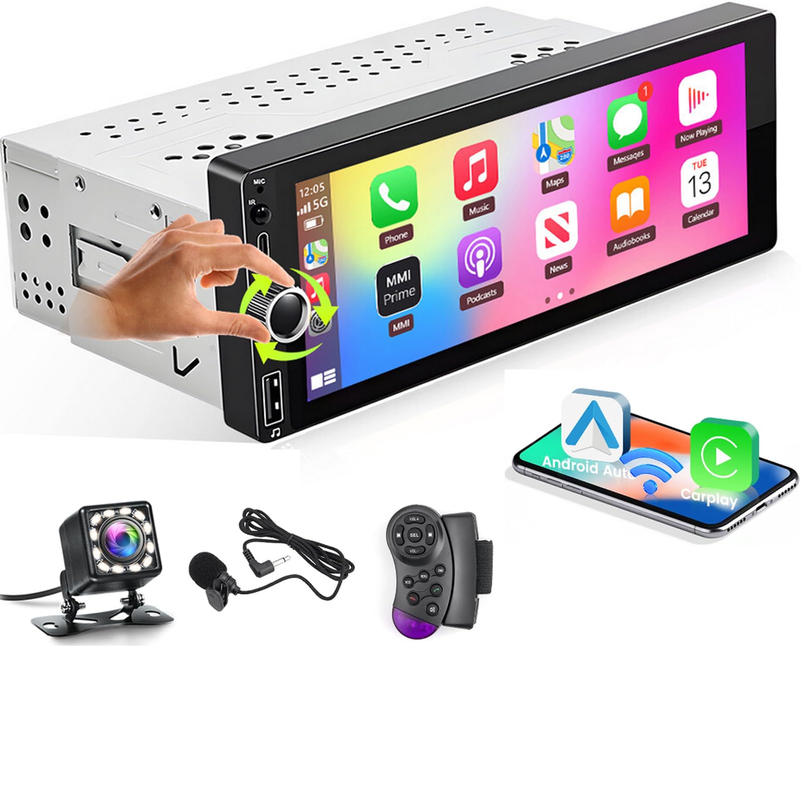 Inalámbrico Carplay 1 DIN Radio Coche Android Auto, Pantalla Táctil 6.9 Pulgadas 1 DIN Radio Bluetooth 5.0 FM SWC EQ Mirror Link Cámara de Seguridad Mic AUX/TF/USB Tipo-C Puerto