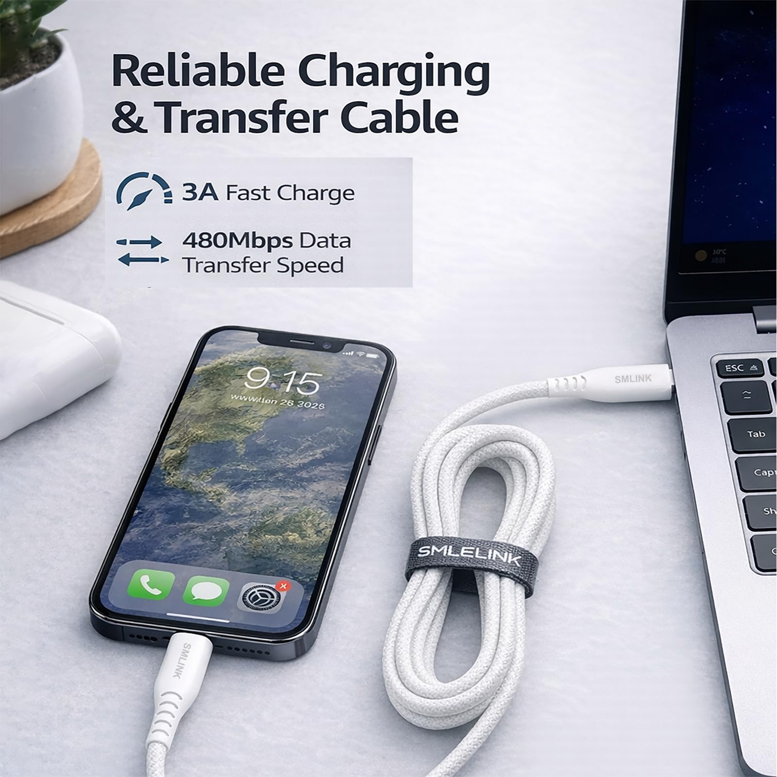 PD60W - Cavo da USB C a USB C, 1,5 m, in nylon intrecciato, ricarica rapida e trasferimento dati ad alta velocità, compatibile con iPhone 17/16/15, serie laptop, colore: bianco