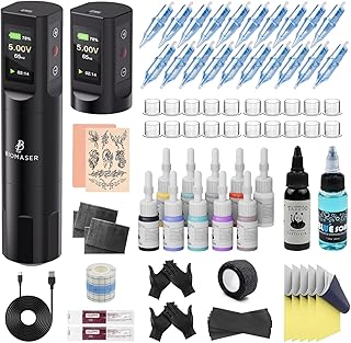 Biomaser Wireless Rotationsmaschine mit 2 Stück 1600mAh Akku Komplettset mit 20 Nadeln 11 Tintenflaschen Maschinenset für professionelle Künstler und Anfänger