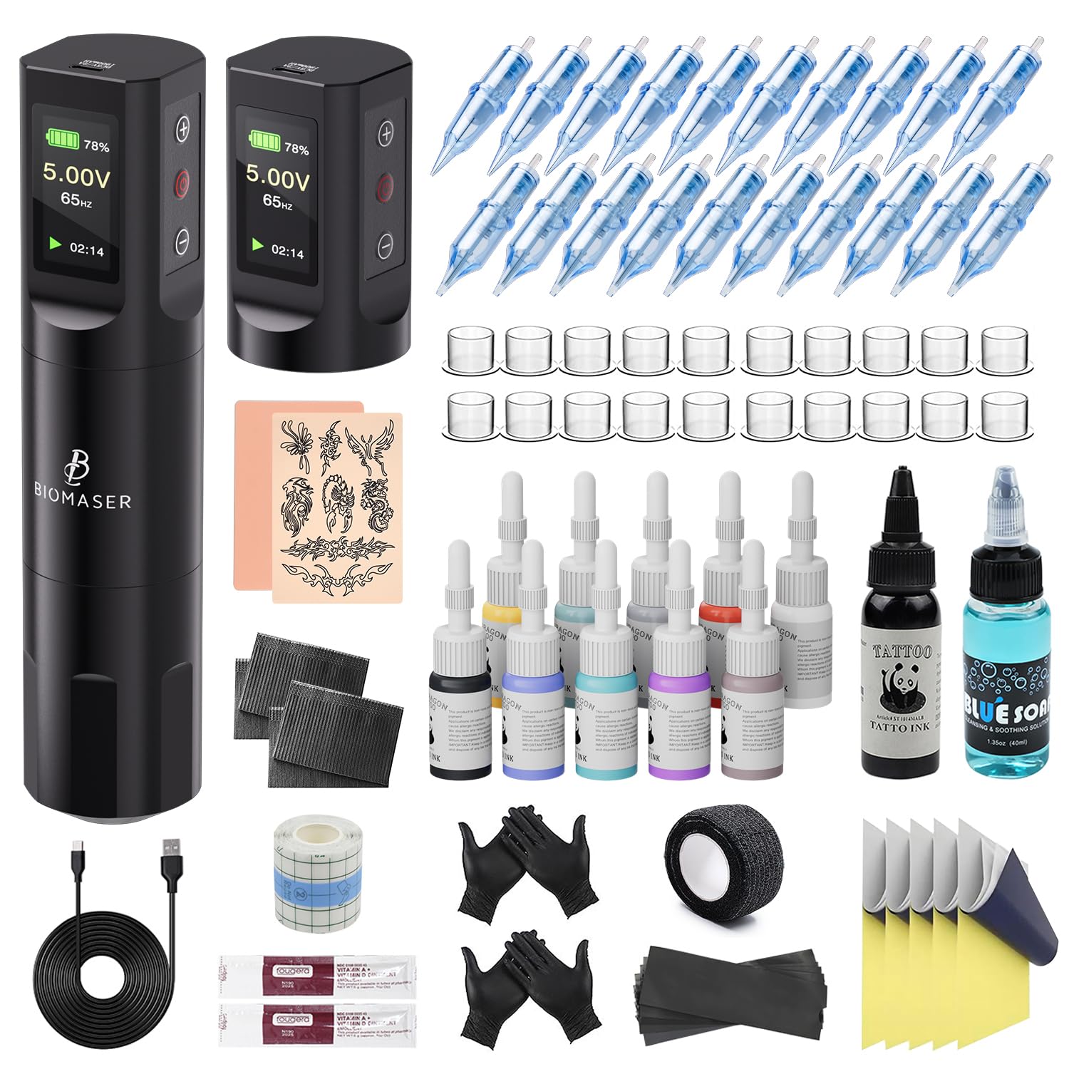 Máquina Rotativa Inalámbrica Biomaser con Juego Completo, 2 Baterías de 1600 mAh, 20 Agujas, 11 Botellas de Tinta para Artistas Profesionales y Principiantes