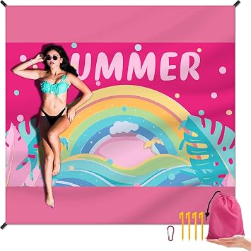 DPWCVM Beach Blanket Waterproof Sandproof Large Beach Mat 79" X 83" for 2-4 Adults Sand Free Mat Quick Drying,Lightweight & Durable with 4 Stakes & 4 Corner Pockets for Beach Travel Camping.Pink