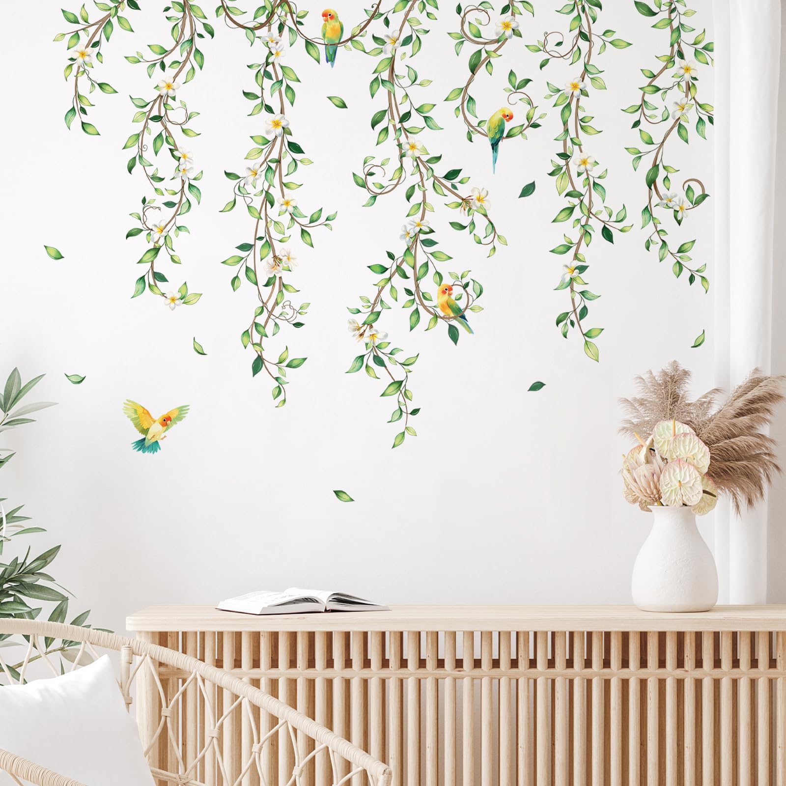 Tanlaby Hanging Vine Flower Wall Decals Green Plants Leaves White ...