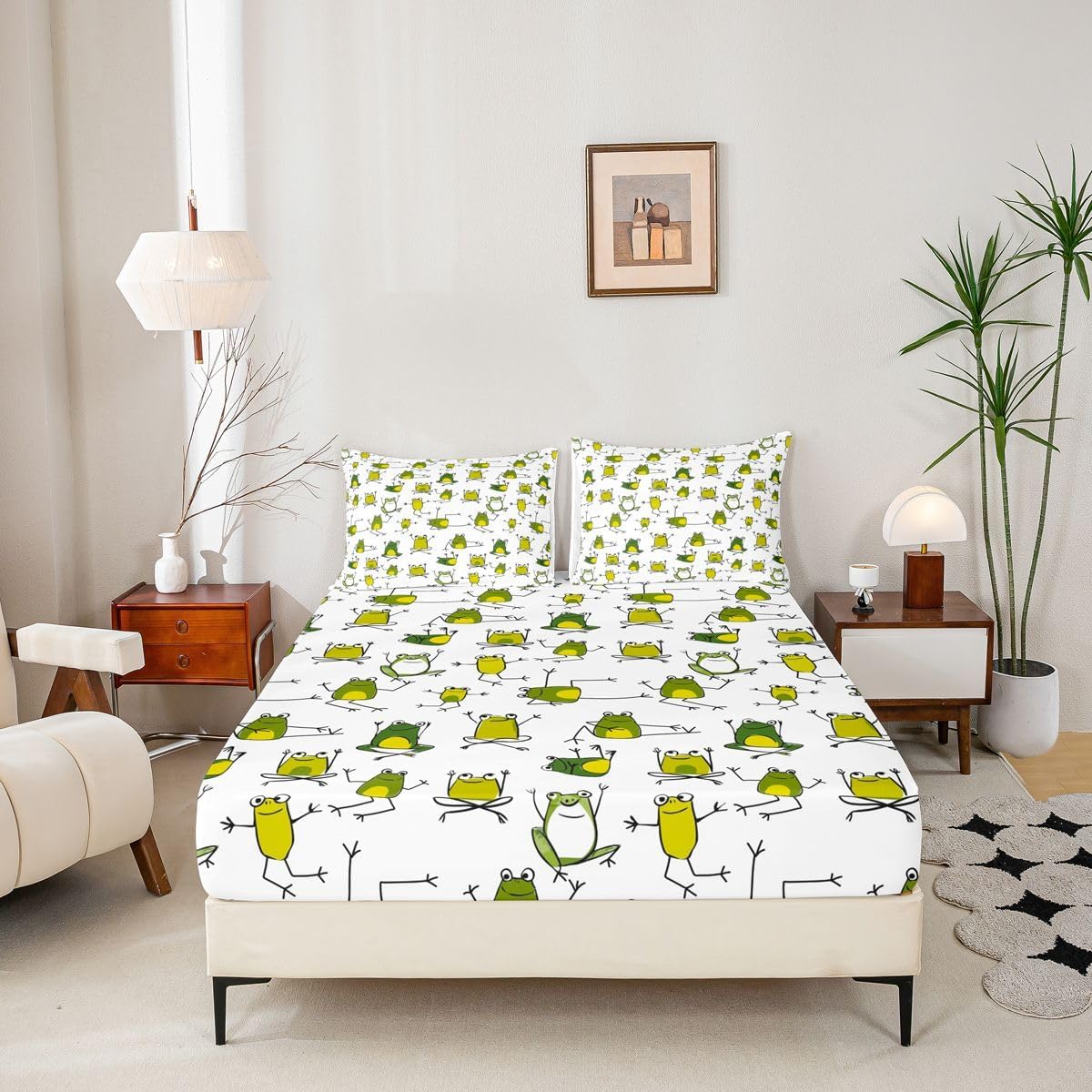 Green Frog Bedding Sets Funny Frog Fitted Sheet Full Size,Cartoon Wild Animals Bed Sheets for Kids Child Toddler Boys,Cute Reptile Bedding Decor Set Lovely Wildlife Bedroom Decor
