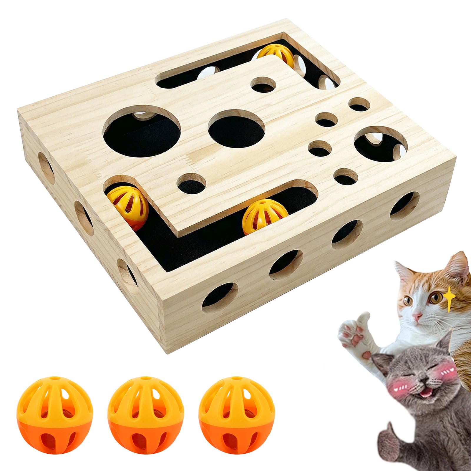 Cat Nail File Scratch Puzzle Box - Interactive Wooden Maze Toy with Sandpaper and 3 Bell Balls, Mental Stimulation Cat Toy Box for Stress-Free, Alternative to Trimming Nails, Kitten Enrichment Toys