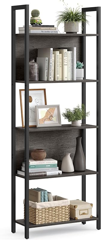 VASAGLE Estantería de 5 Niveles, Librería Industrial, con Estructura de Acero, para Sala de Estar, Oficina en Casa, Dormitorio, 9,4 x 24,4 x 65 Pulgadas, Gris Carbón y Negro ULLS025B04