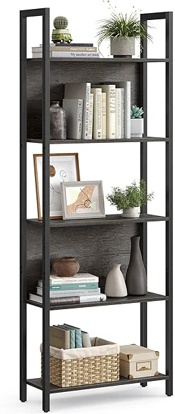 VASAGLE 5-Tier Bookshelf, Book Shelf, Industrial Bookcase, with Steel Frame, for Living Room, Home Office, Bedroom, 9.4 x 24.4 x 65 Inches, Charcoal Gray and Black ULLS025B04