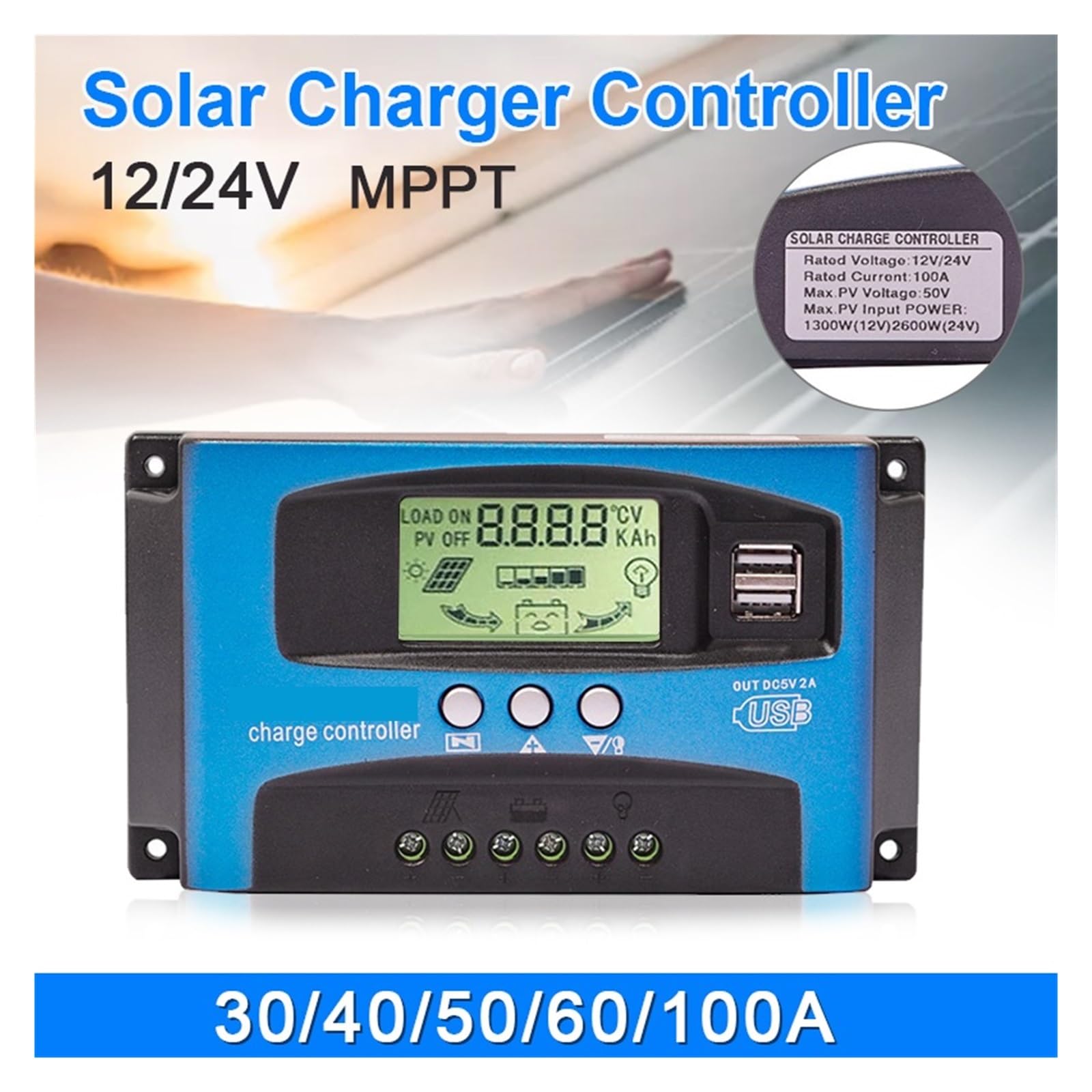 Controlador De Carga Solar MPPT 30/40/50/60/100A, Pantalla LCD USB Dual, Regulador Cargador Panel Células Solares Automático 12V/24V Con(60A)