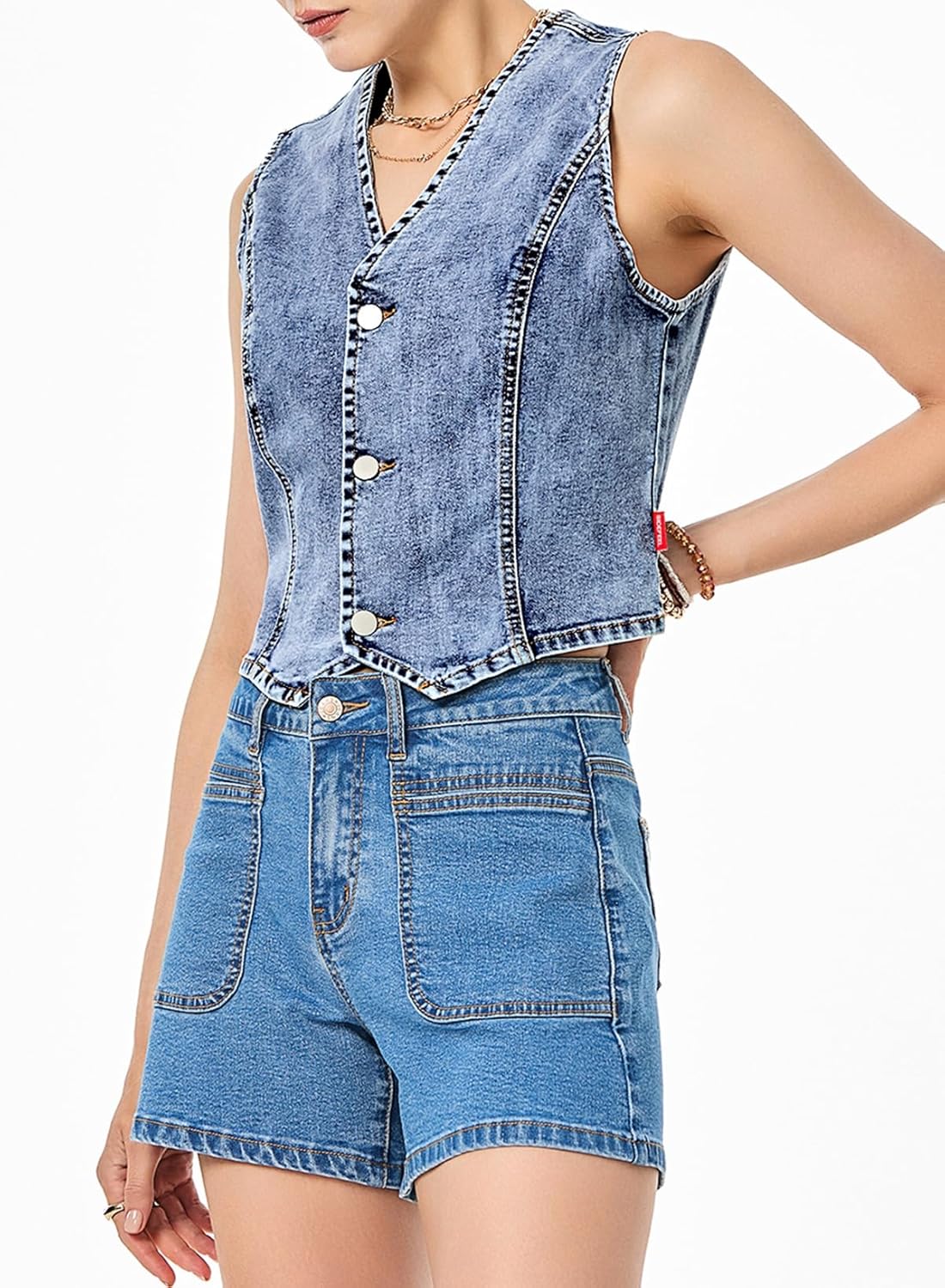 Sidefeel Women's Denim Vest Sleeveless V Neck Zimbaplatinum Jean Vest Top Button Down Crop Waistcoat Vest Summer Outfit - Image 3