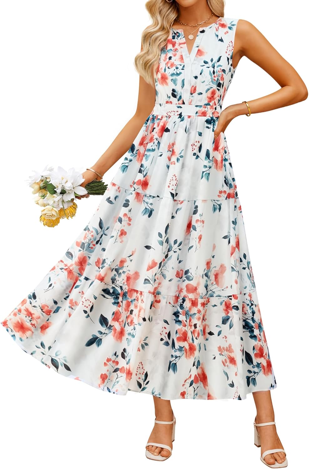 ZESICA Women's Summer Boho Floral Sleeveless Midi Dress 2026 V Neck Elastic High Waist Flowy Casual Beach Long Dresses