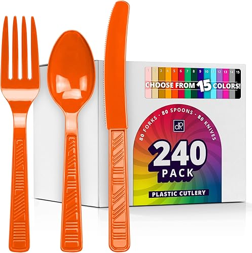 Miniatura 1 de DecorRack Juego de cubiertos de plástico de 240 piezas, sin BPA, cubiertos de plástico para cumpleaños, interiores, eventos al aire libre, fiestas,