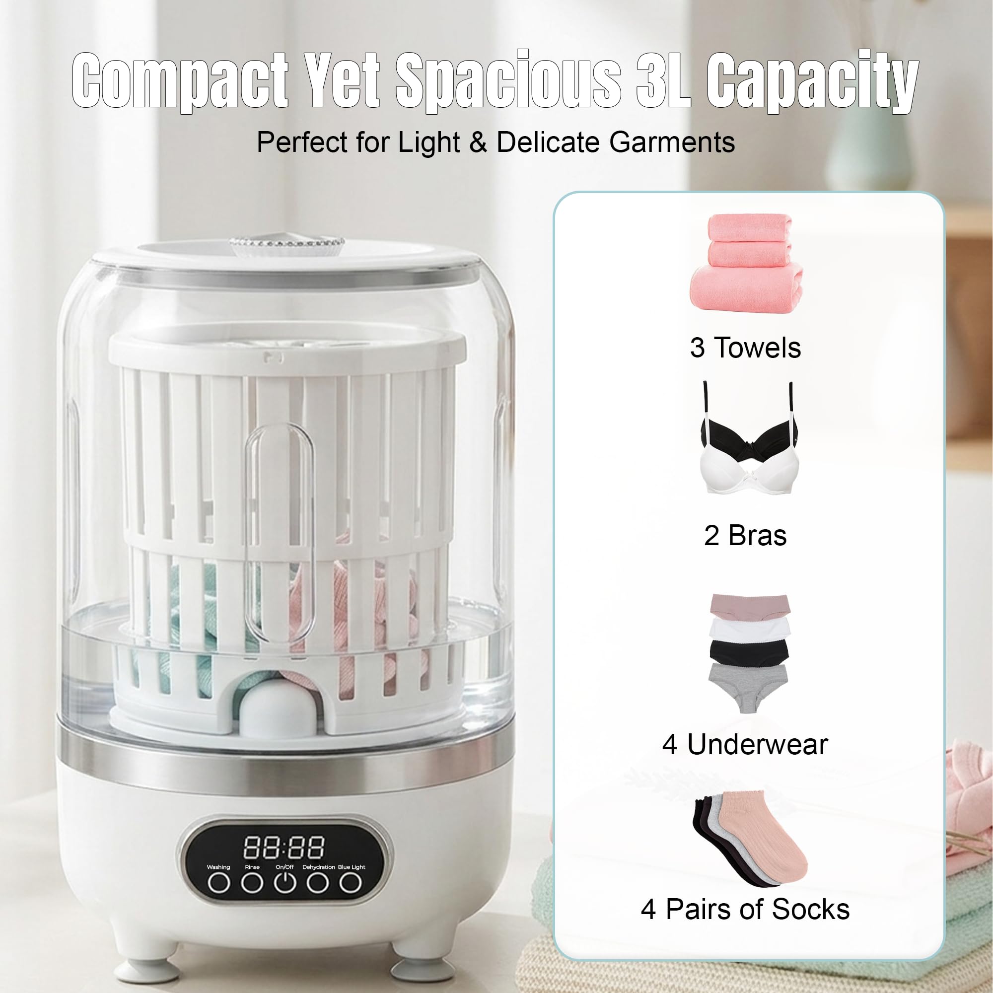 Mini lavadora portátil 3 en 1, lavadora compacta de capacidad de 3 litros con pantalla digital y múltiples modos, material ABS y polipropileno duradero, pequeña solución de lavandería para ropa