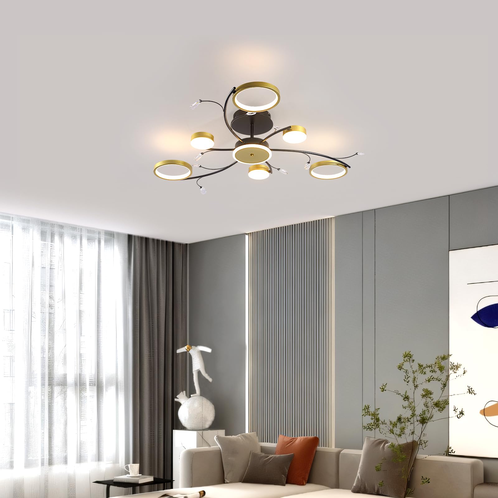 Plafonnier LED En Forme de Fleur Moderne Luminaire Rond Créatif Lustre Plafonniers Avec Télécommande Intensité Variable pour Le Salon La Chambre Salle À manger Ou Cuisine 6+1 Têtes
