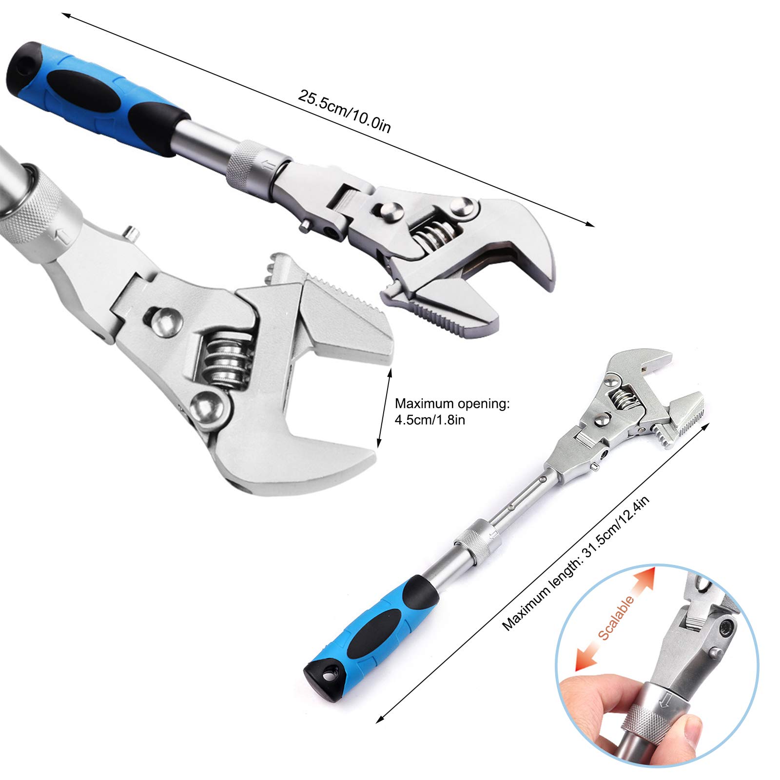 Juego de llaves inglesas ajustables Llaves de cambio, 10 pulgadas Cinco en uno Plegable Trinquete de cabeza móvil Máquina rápida for reparar agua, electricidad, aire acondicionado de baño, con cabeza